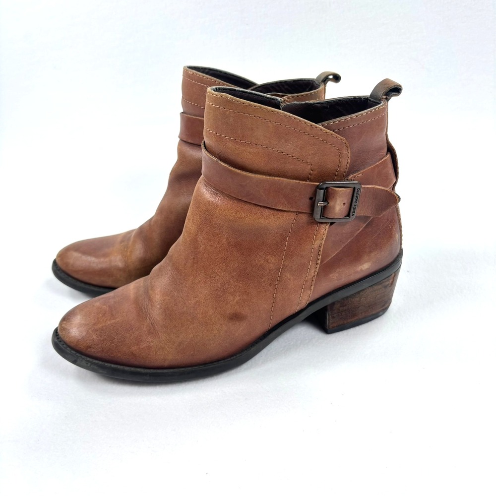 Vince Camuto Ankle Boots Womens Sz 9 Leather Brown Engineer Buckles Moto Boho